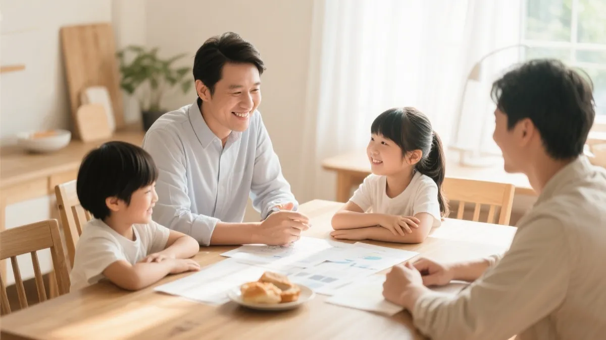 一家人围坐规划未来与公益捐助的温馨场景